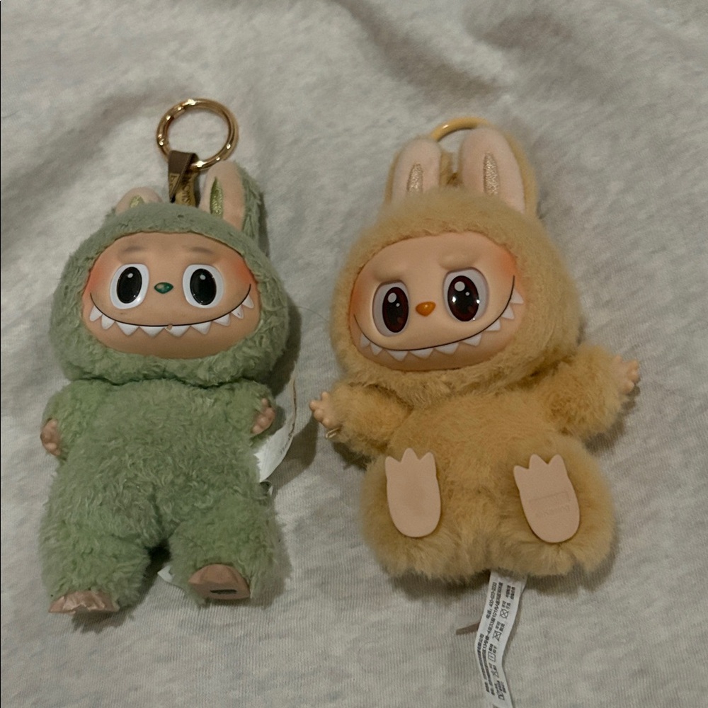 2 Labubu Keychains - Green & Beige